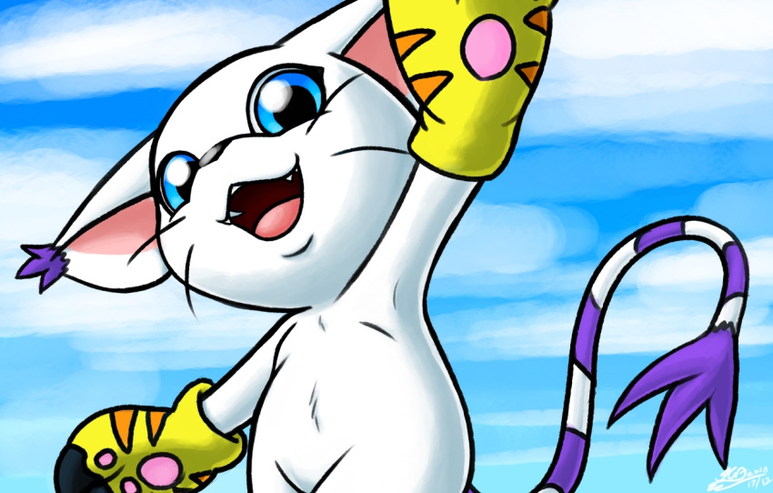 black_nose blue_eyes claws clothed clothing digimon digimon_(species) digital_media_(artwork) ear_tuft feline female fur gatomon gloves mammal milesnukem multicolored_fur open_mouth smile solo tongue tuft whiskers white_fur