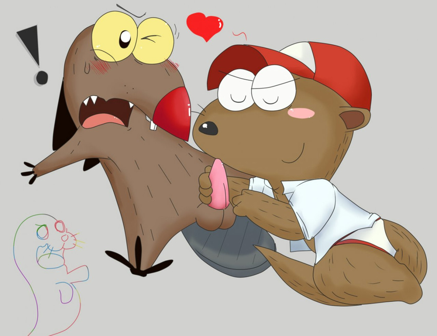 &hearts; &lt;3 angry_beavers balls beaver blush chibitracy clothing clyndemoon daggett doug_(regular_show) erection gay hat male mammal mustelid otter penis regular_show rodent seal shirt underwear