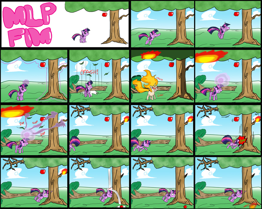 apple burn comic confused equine female feral fire flames forest friendship_is_magic fruit horn horse mad magic mammal my_little_pony pony rage stuck tree twilight_sparkle_(mlp) unicorn wood