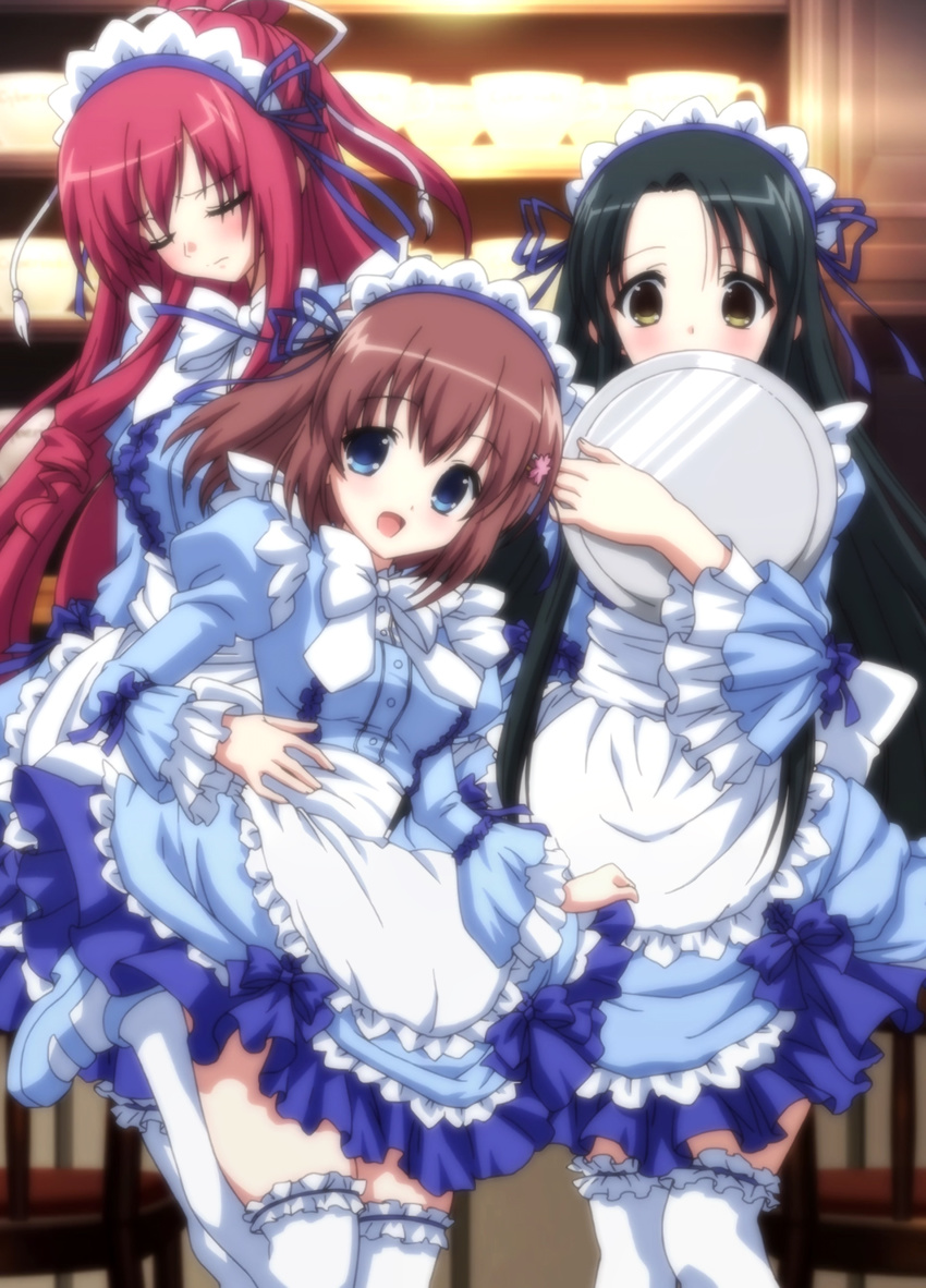 3girls absurdres apron black_hair blue_eyes bow breasts brown_hair drill_hair frills highres holding kusakabe_misuzu long_hair long_sleeves maid maid_headdress mary_janes medium_breasts minase_yuka multiple_girls open_mouth red_hair screencap shoes short_hair tachibana_kukuri thighhighs tray waitress yellow_eyes