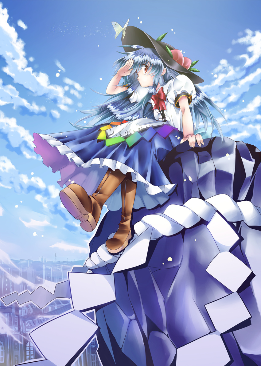 blue_hair bow bug butterfly cloud day food frills fruit hat highres hinanawi_tenshi insect keystone leaf long_hair peach red_eyes rock rope short_sleeves sky solo torisuke_(koinohito) touhou very_long_hair
