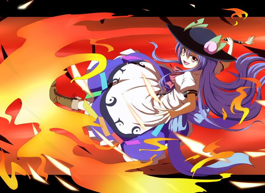 bad_id bad_pixiv_id blue_hair bow cross-laced_footwear daba fire food fruit hat highres hinanawi_tenshi leaf long_hair long_skirt open_mouth peach red_eyes short_sleeves skirt solo sword_of_hisou touhou very_long_hair