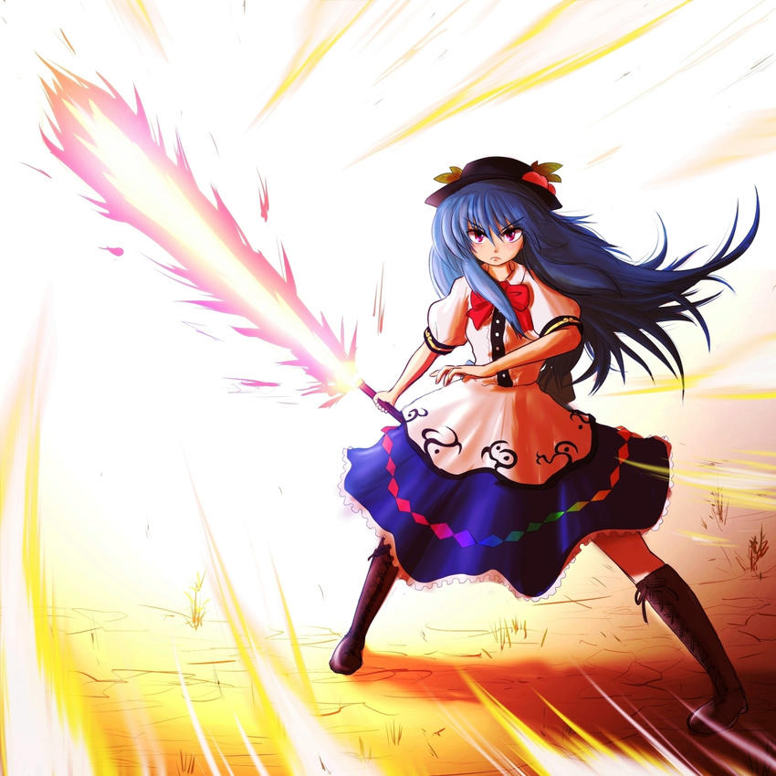 bad_id bad_pixiv_id blue_hair bow cross-laced_footwear food frills fruit hat highres hinanawi_tenshi jiaa_(pochidogrush) leaf long_hair long_skirt looking_at_viewer peach purple_eyes short_sleeves simple_background skirt solo sword sword_of_hisou touhou very_long_hair weapon