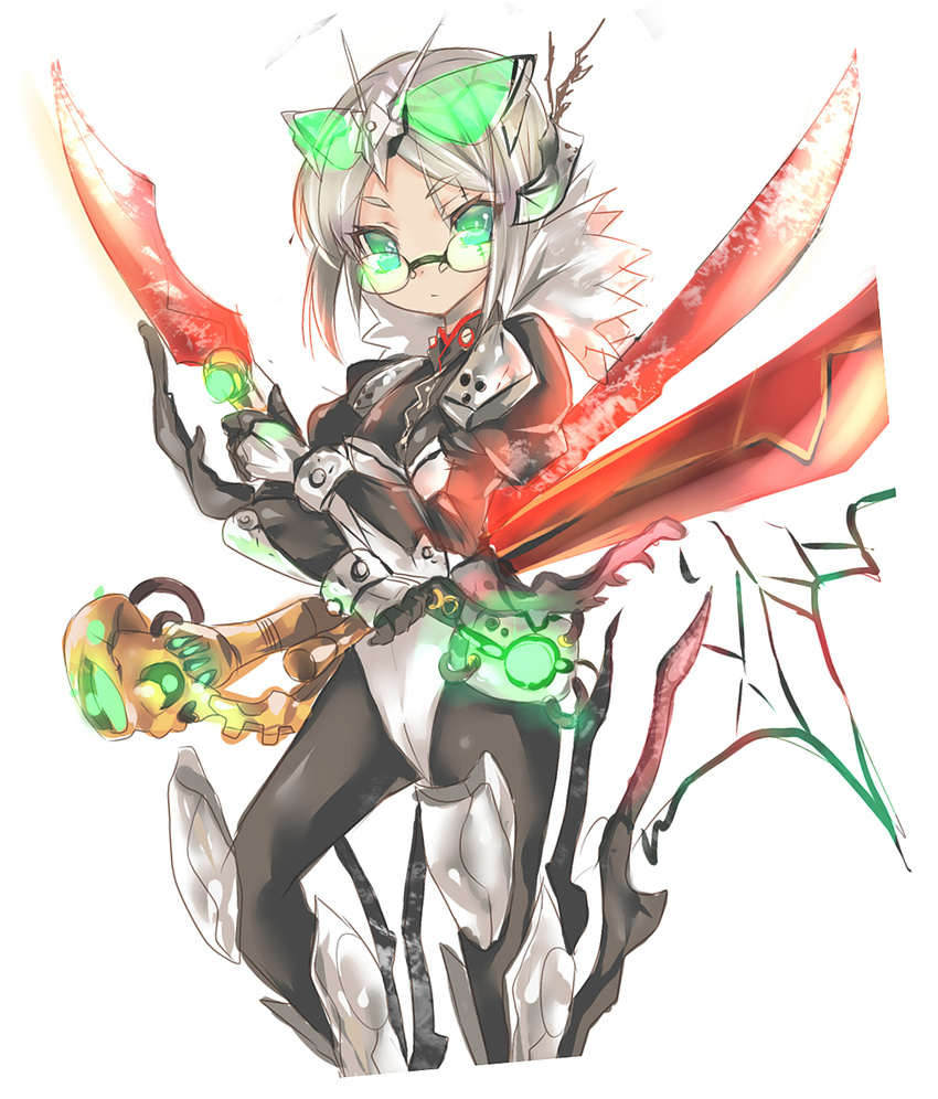 bad_id bad_pixiv_id belt dual_wielding glasses highres holding kamen_rider kamen_rider_black_(series) rider-tan shadow_moon short_hair silver_hair solo stitches sword umitsuki weapon wings