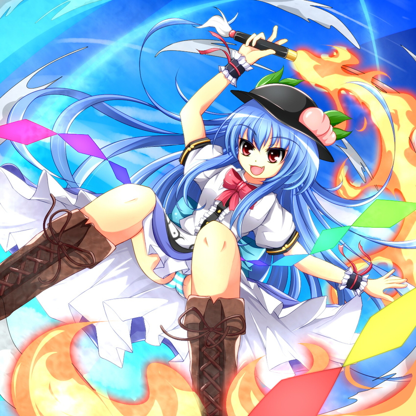 blue_hair bow cross-laced_footwear fang food frills fruit hat hinanawi_tenshi leaf long_hair open_mouth panties peach red_eyes short_sleeves solo striped striped_panties sword sword_of_hisou touhou underwear uumenn very_long_hair weapon wrist_cuffs