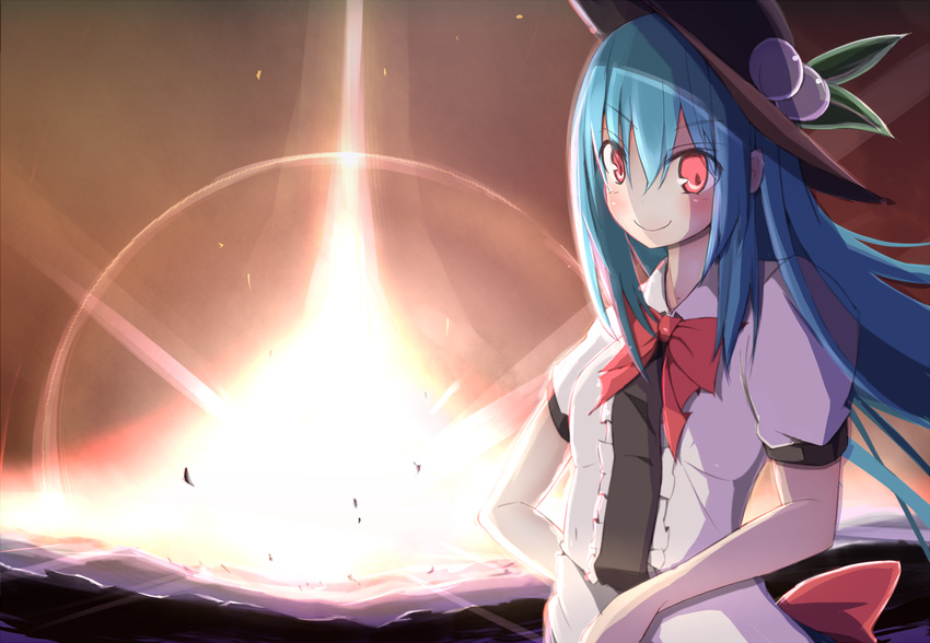 bad_id bad_pixiv_id blue_hair bow explosion food frills fruit hat hinanawi_tenshi leaf light long_hair looking_at_viewer peach red_eyes short_sleeves smile solo tetsurou_(fe+) touhou very_long_hair