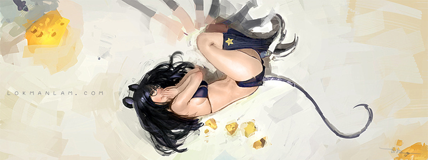 animal_ears artist_name bikini_top black_hair cheese covering_mouth food glasses lokman_lam long_hair lying mouse_ears original realistic solo tail watermark web_address