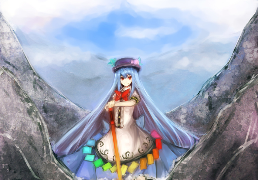 blue_hair bow cloud day food fruit hat hinanawi_tenshi ksrk_ss long_hair long_skirt peach red_eyes short_sleeves skirt smile solo sword sword_of_hisou touhou very_long_hair weapon