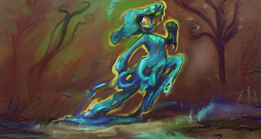 abstract afterglow arms_back blue_body blue_hair buttercup_saiyan cyan_body digital_painting_(art) dusk fist forest glowing goo goo_girl grass hair happy open_smile path raised_hand running slime tentacles tree white_sclera yellow_eyes