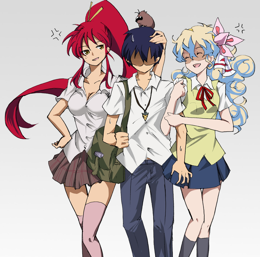 2girls blue_hair boota campus_lagann closed_eyes highres long_hair multiple_girls nia_teppelin ponytail red_hair school_uniform serafuku shaded_face shion_souta simon skirt sweatdrop sweater_vest tengen_toppa_gurren_lagann thighhighs vest yellow_eyes yoko_littner