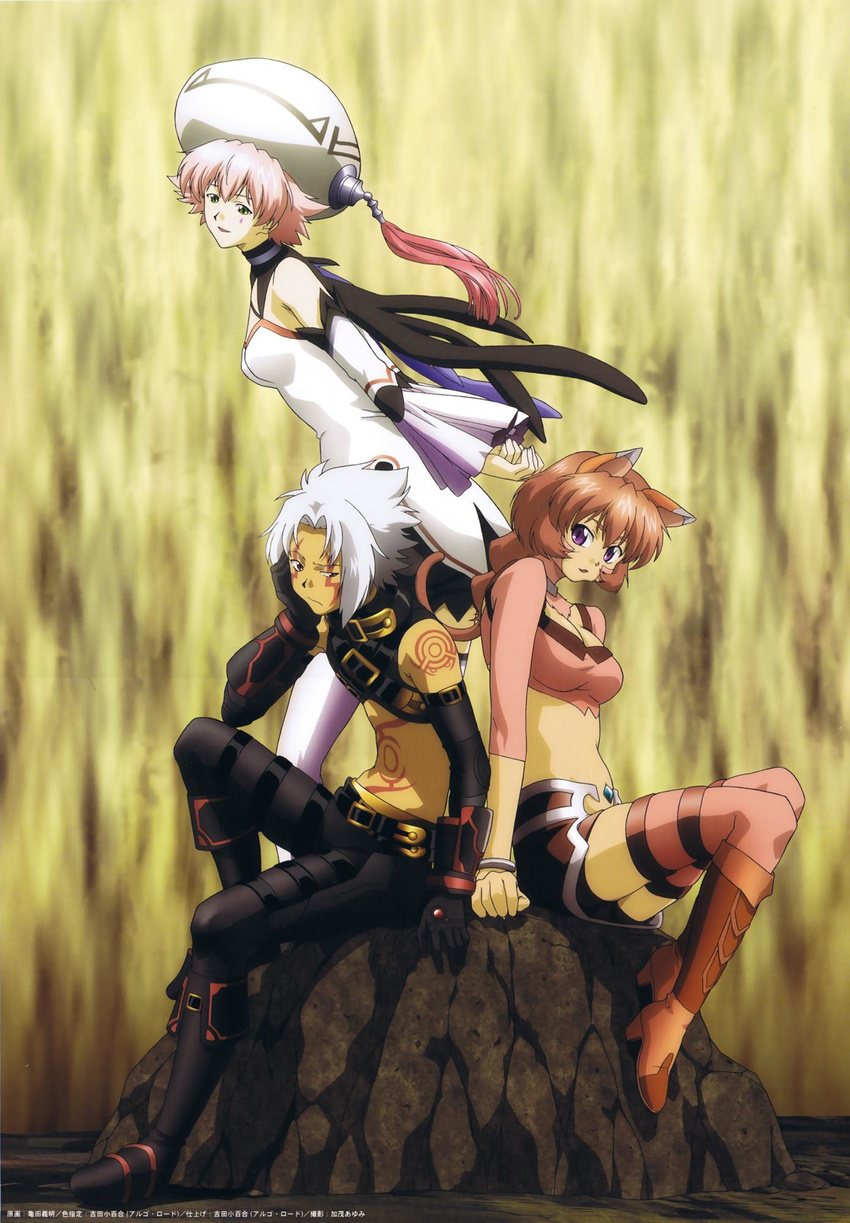 .hack//roots 1boy 2girls animal_ears artist_request bare_shoulders bored brown_hair cat_ears detached_sleeves green_eyes haseo_(.hack//) hat highres midriff multiple_girls official_art pink_hair ponytail purple_eyes red_eyes scan shino_(.hack//) short_hair silver_hair smile strap tabby_(.hack//) tattoo thighhighs