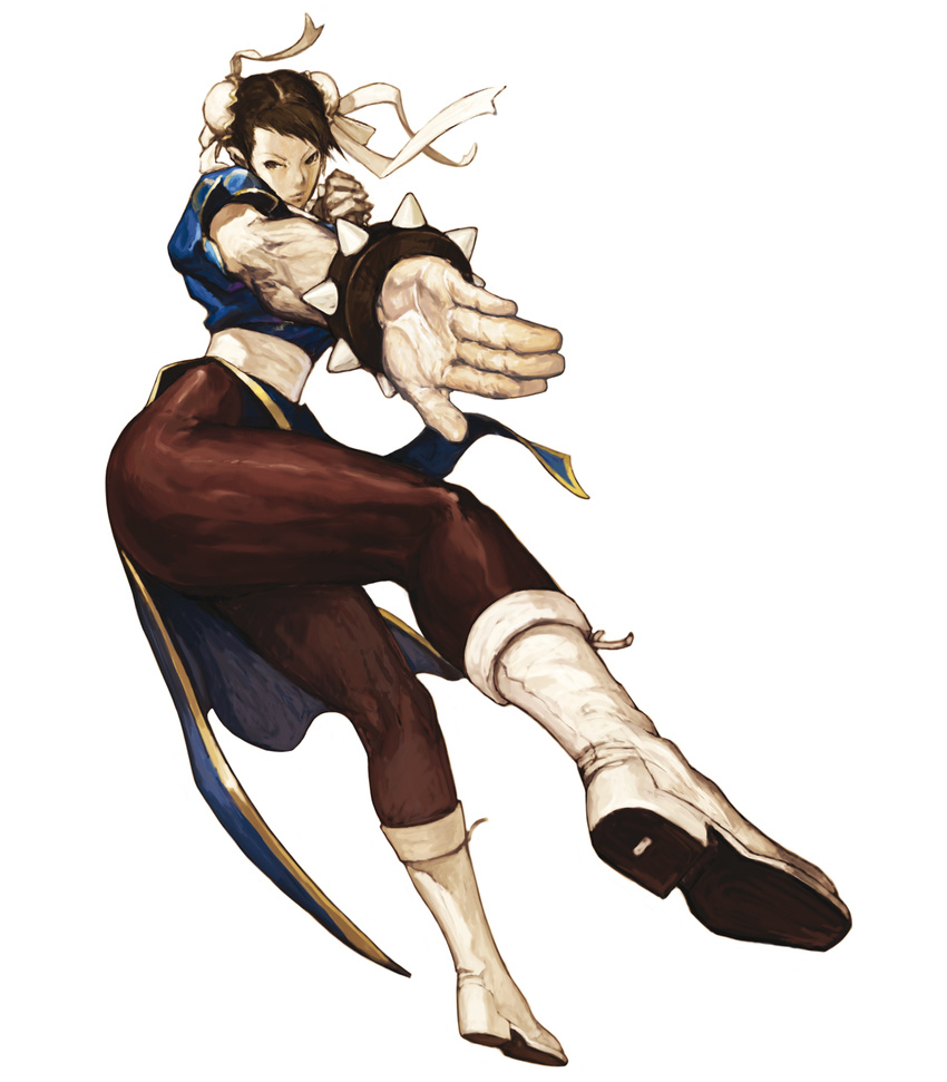 boots bracelet bun_cover capcom china_dress chinese_clothes chun-li double_bun dress highres jewelry nona official_art pantyhose pelvic_curtain sash spiked_bracelet spikes street_fighter svc_chaos thick_thighs thighs