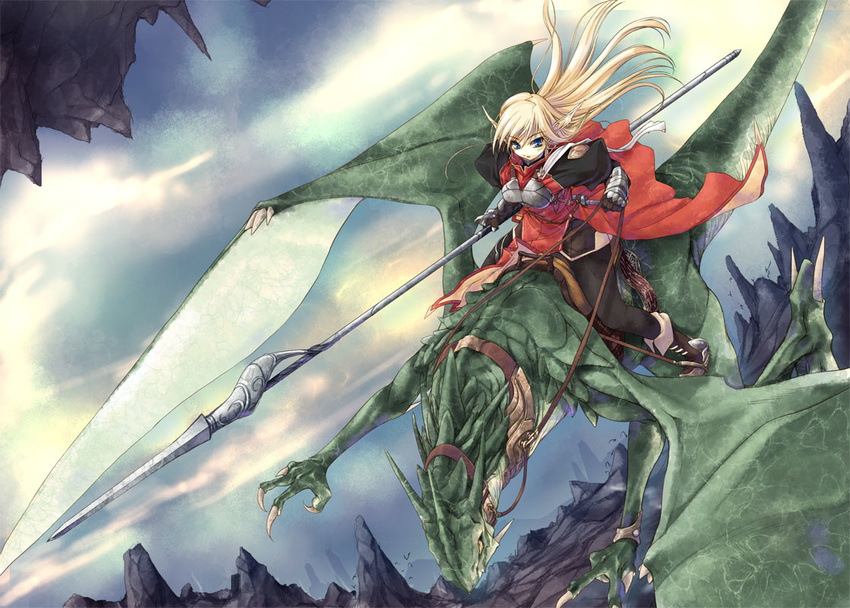 armor bad_id bad_pixiv_id blonde_hair cape dragon elf fantasy flying kirishima_satoshi lance long_hair original pointy_ears polearm riding weapon