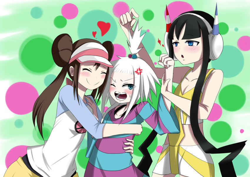 3girls anger_vein angry_vein black_hair blush gym_leader highres homika_(pokemon) just_another_kunkun kamitsure_(pokemon) mei_(pokemon) multiple_girls pokemon pokemon_(game) pokemon_bw2 white_hair