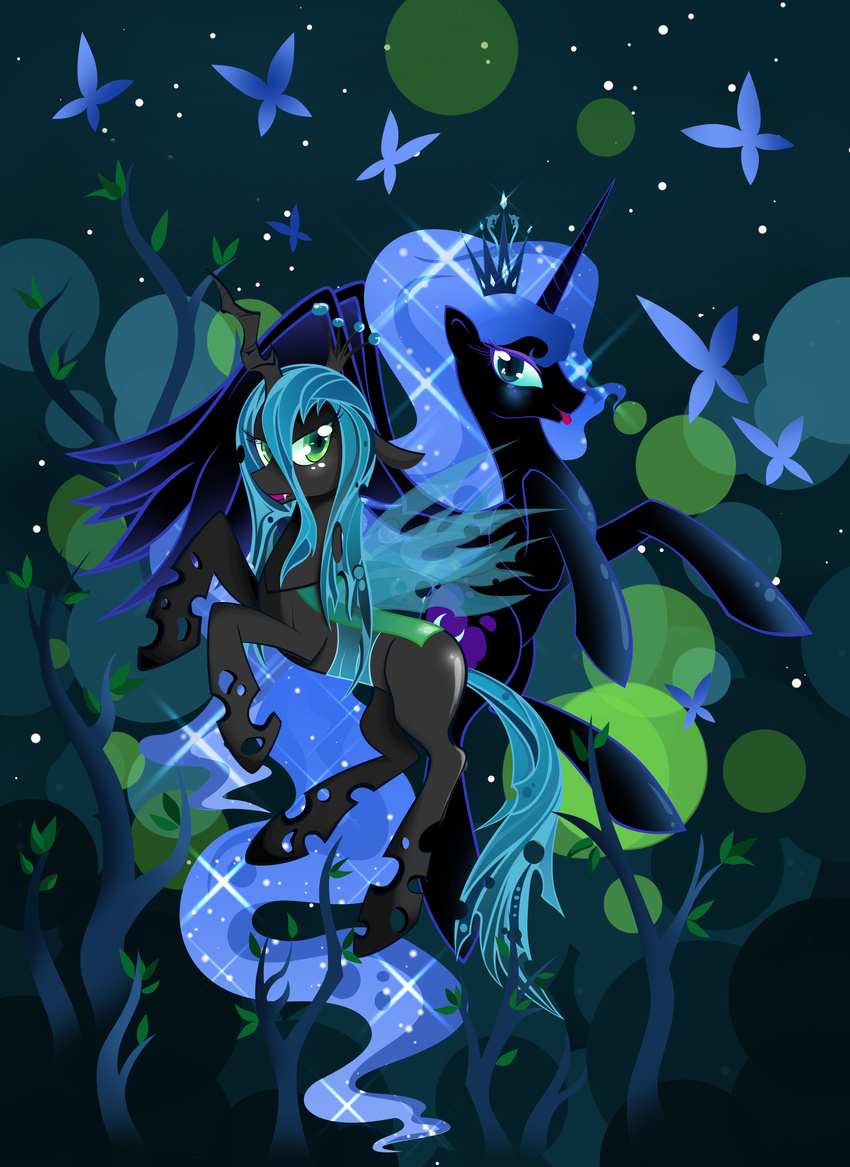 artist-apprentice587 blue_eyes butterflies butterfly changeling cutie_mark equine fangs female feral friendship_is_magic gem green_eyes green_hair hair hi_res holes horn horse insect long_hair looking_at_viewer mammal my_little_pony nightmare_moon_(mlp) pony queen_chrysalis_(mlp) sparkle tongue tree winged_unicorn wings wood