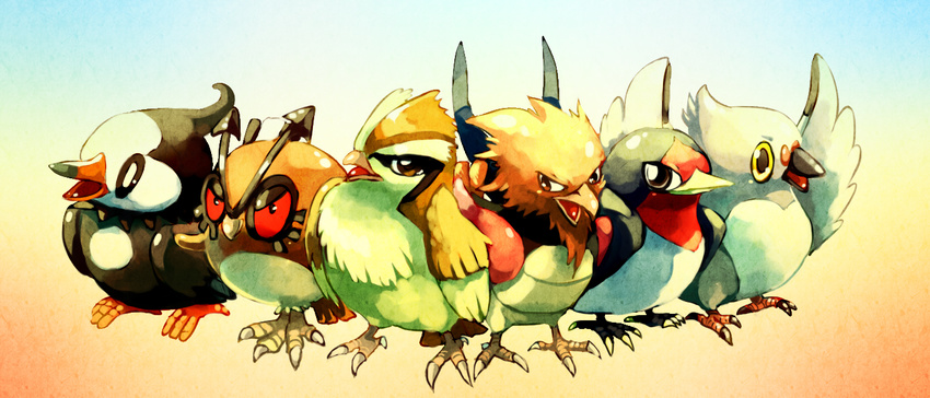 bird brown_eyes commentary gen_1_pokemon gen_2_pokemon gen_3_pokemon gen_4_pokemon gen_5_pokemon gradient gradient_background head_tilt hoothoot looking_at_viewer looking_away no_humans open_mouth pidgey pidove pokemon pokemon_(creature) red_eyes sa-dui smile spearow standing starly taillow v-shaped_eyebrows yellow_eyes