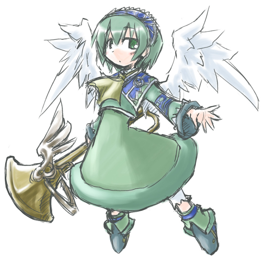 green_eyes green_hair kugelschreiber luminous_arc sadie short_hair simple_background solo white_background wings