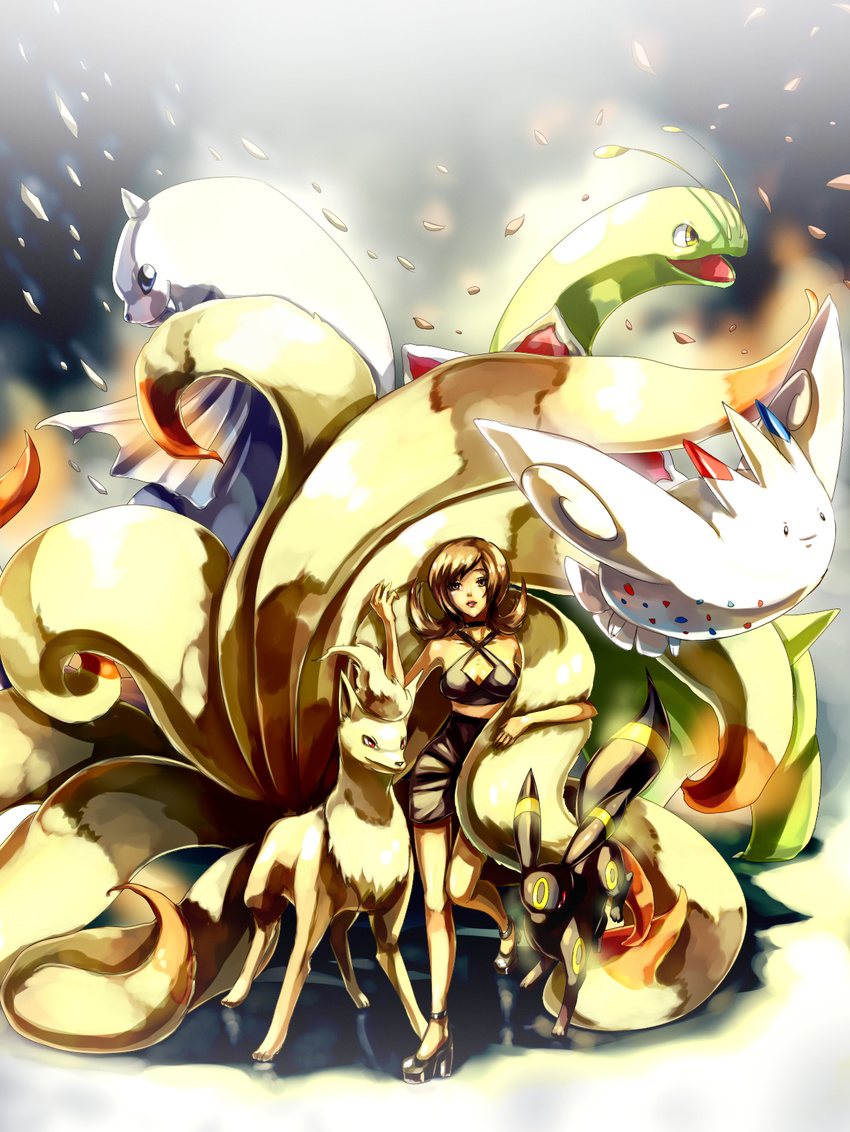 alternate_costume breasts brown_eyes brown_hair choker cleavage commentary dewgong flipped_hair gen_1_pokemon gen_2_pokemon gen_4_pokemon high_heels highres kotone_(pokemon) medium_breasts meganium midriff ninetales pokemon pokemon_(creature) pokemon_(game) pokemon_hgss sa-dui shoes skirt snow snowing togekiss umbreon