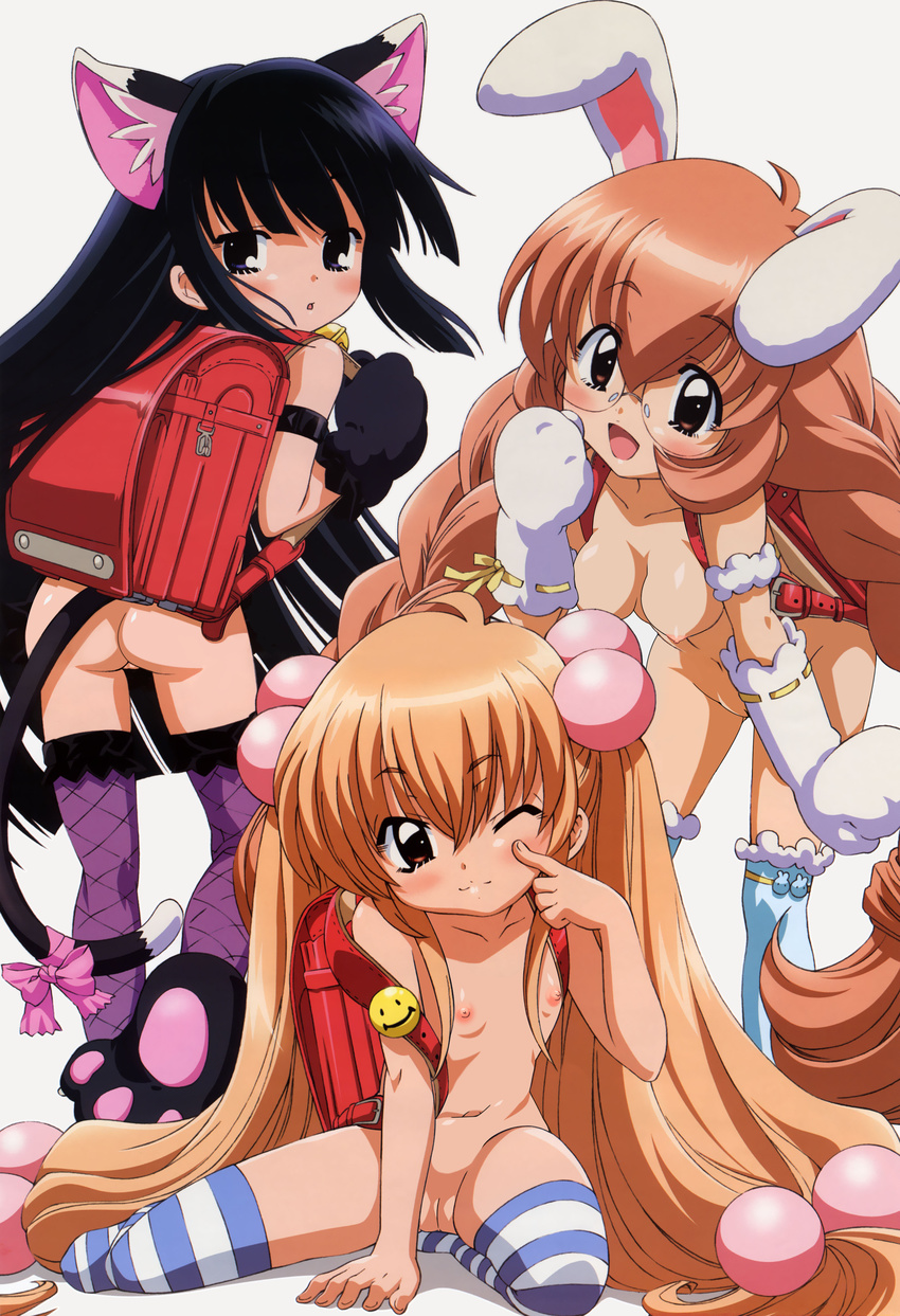 3girls absurdres animal_ears ass backpack bag black_eyes black_hair blush breasts brown_hair bunny_ears cat_ears glasses gloves highres kagami_kuro kneehighs kneeling kodomo_no_jikan kokonoe_rin long_hair looking_at_viewer looking_back multiple_girls nipples nude nude_filter open_mouth photoshop pussy standing thighhighs uncensored usa_mimi very_long_hair wink