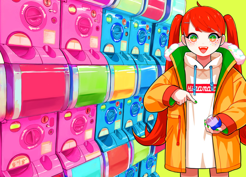 1girl bangs cowboy_shot drawstring gashapon gashapon_machine green_background green_eyes green_nails hair_ornament hairclip hakuro96 holding jacket long_hair long_sleeves looking_at_viewer multicolored multicolored_eyes nail_polish open_mouth orange_jacket original pointing red_hair short_eyebrows simple_background smile solo sweater swept_bangs twintails very_long_hair white_sweater yellow_eyes