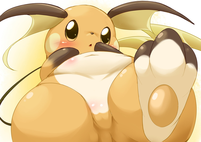 absurd_res blush chubby hi_res hindpaw looking_at_viewer lying navel nintendo on_back pawpads paws pok&#233;mon pok&eacute;mon raichu solo ukanmuriman video_games