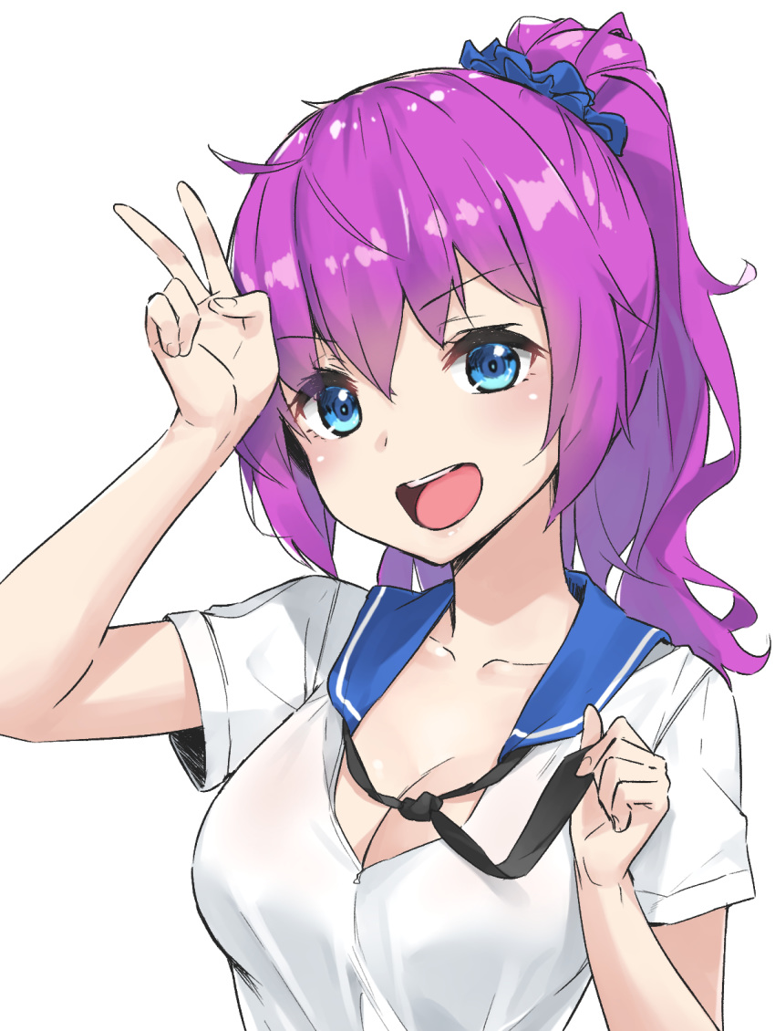 1girl :d bangs black_neckwear blue_eyes blue_sailor_collar blue_scrunchie breasts cleavage collarbone eyebrows_visible_through_hair hair_ornament hair_scrunchie hand_up head_tilt highres huai_diao_me long_hair looking_at_viewer medium_breasts necktie open_mouth original purple_hair sailor_collar school_uniform scrunchie serafuku shirt short_sleeves simple_background smile solo upper_body upper_teeth v v-shaped_eyebrows wet.elephant white_background white_shirt