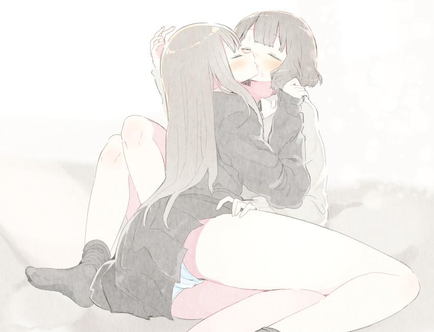 2girls blush brown_hair commentary eyes_closed fuyuri_(tibirobo) highres kiss legs long_hair multiple_girls no_shoes original panties pantyshot pantyshot_(sitting) school_uniform short_hair sitting underwear white_panties yokozuwari yuri