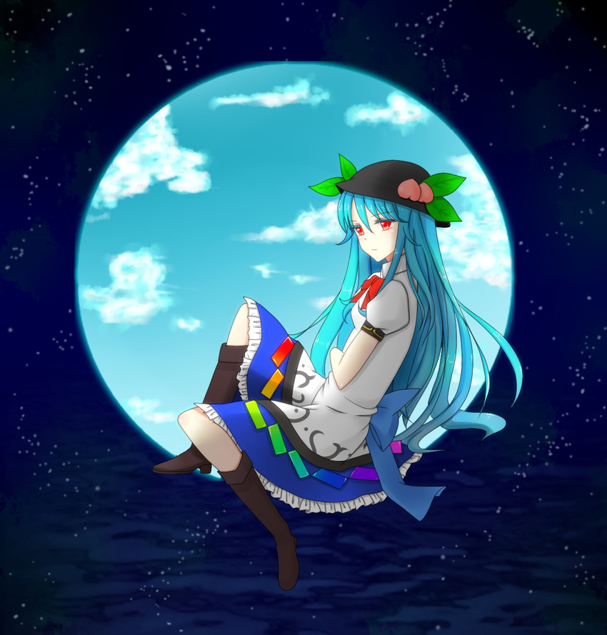 bad_id bad_pixiv_id blue_hair boots bow food fruit furapechi hat highres hinanawi_tenshi leaf long_hair peach red_eyes short_sleeves sky solo touhou very_long_hair