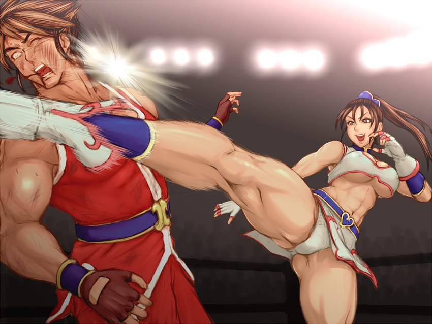 1girl abs battle belt blood breasts brown_eyes brown_hair cleavage_cutout crop_top duel fingerless_gloves gloves hiryuu_no_ken_twin injury kicking large_breasts legs long_hair makya min_min miniskirt muscle ponytail skirt underboob