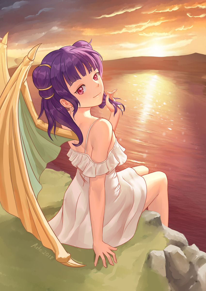 1girl absurdres artist_name azto_dio bare_shoulders closed_mouth cloud commentary dragon_girl dragon_wings dress dusk english_commentary fire_emblem fire_emblem:_seima_no_kouseki fire_emblem_heroes highres holding holding_hair looking_back mamkute mountain mountainous_horizon multi-tied_hair myrrh nintendo ocean pink_eyes purple_hair red_eyes short_hair sitting sky solo sun sunset twintails water white_dress wings