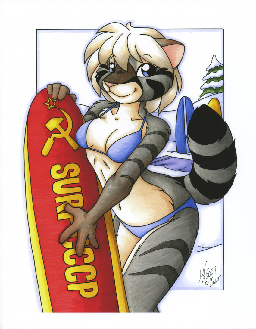 bikini clothed clothing female hammer_and_sickle looking_at_viewer michele_light skimpy snow snowboard solo swimsuit unknown_species
