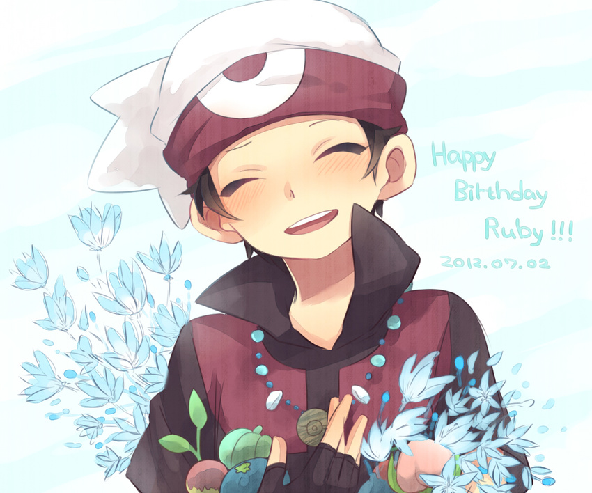 berries black_hair blush character_name closed_eyes flower happy_birthday hat holding jewelry male_focus necklace pokemon pokemon_special ruby_(pokemon) saku_anna smile solo