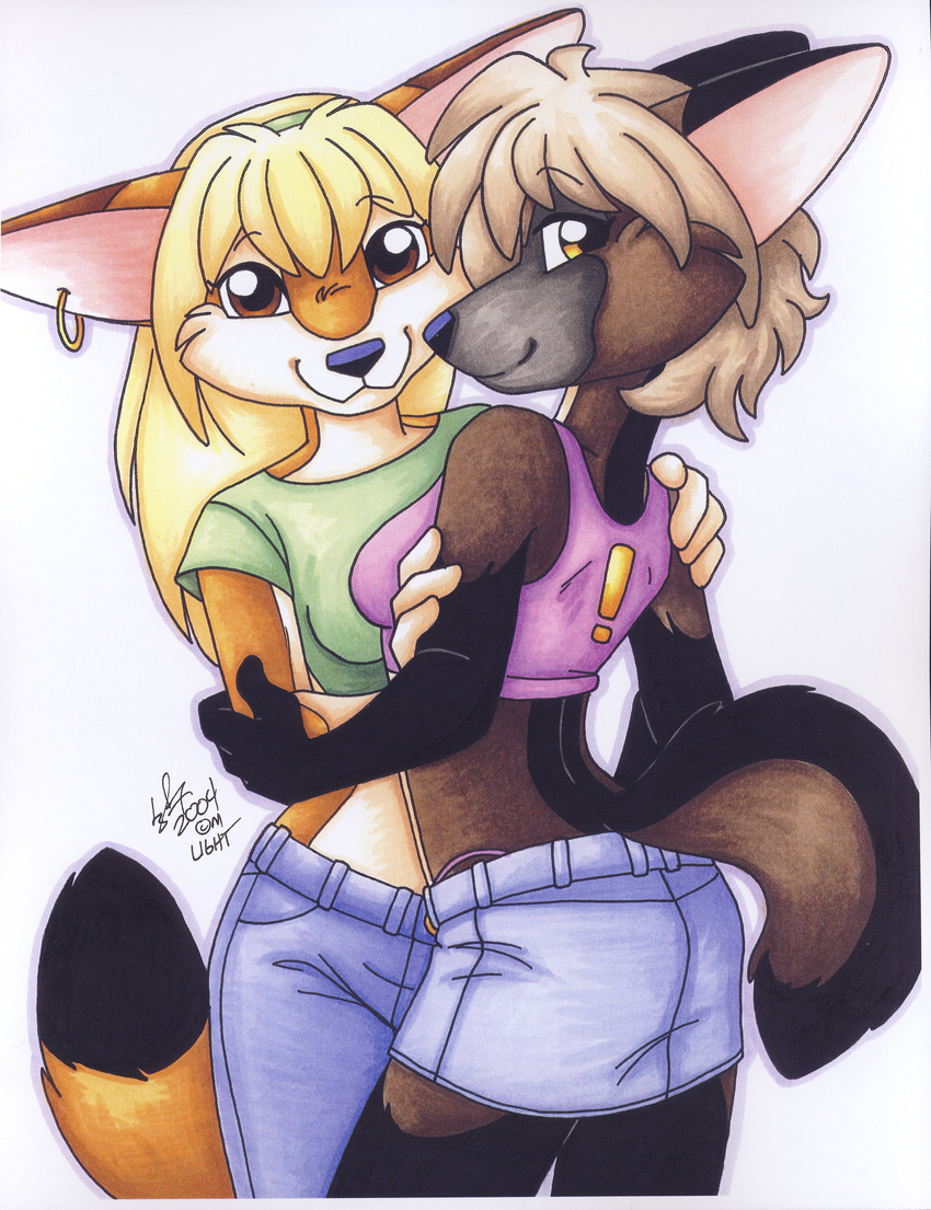 canine clothed clothing ear_piercing embracing female fox lesbian looking_at_viewer mammal michele_light piercing skimpy skirt