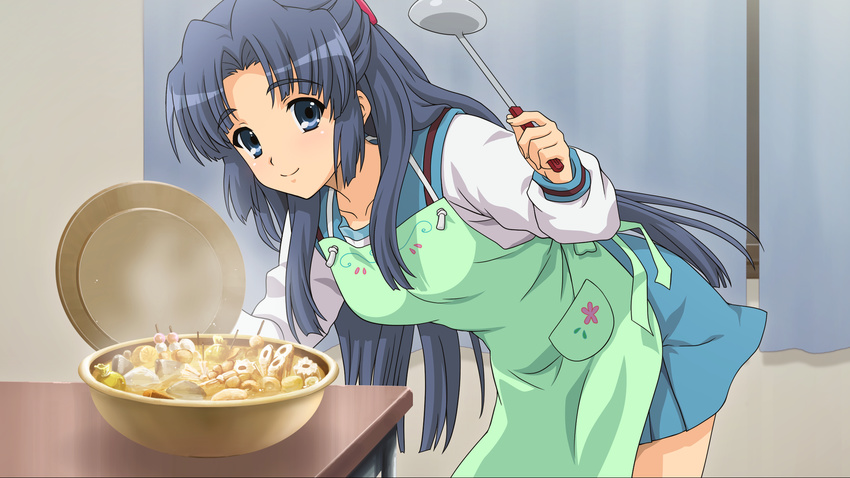 apron artist_request asakura_ryouko blue_eyes blue_hair daikon food game_cg highres kinchaku_(food) kita_high_school_uniform konnyaku_(food) ladle leaning_forward long_hair oden school_uniform serafuku smile solo suzumiya_haruhi_no_shoushitsu suzumiya_haruhi_no_tsuisou suzumiya_haruhi_no_yuuutsu