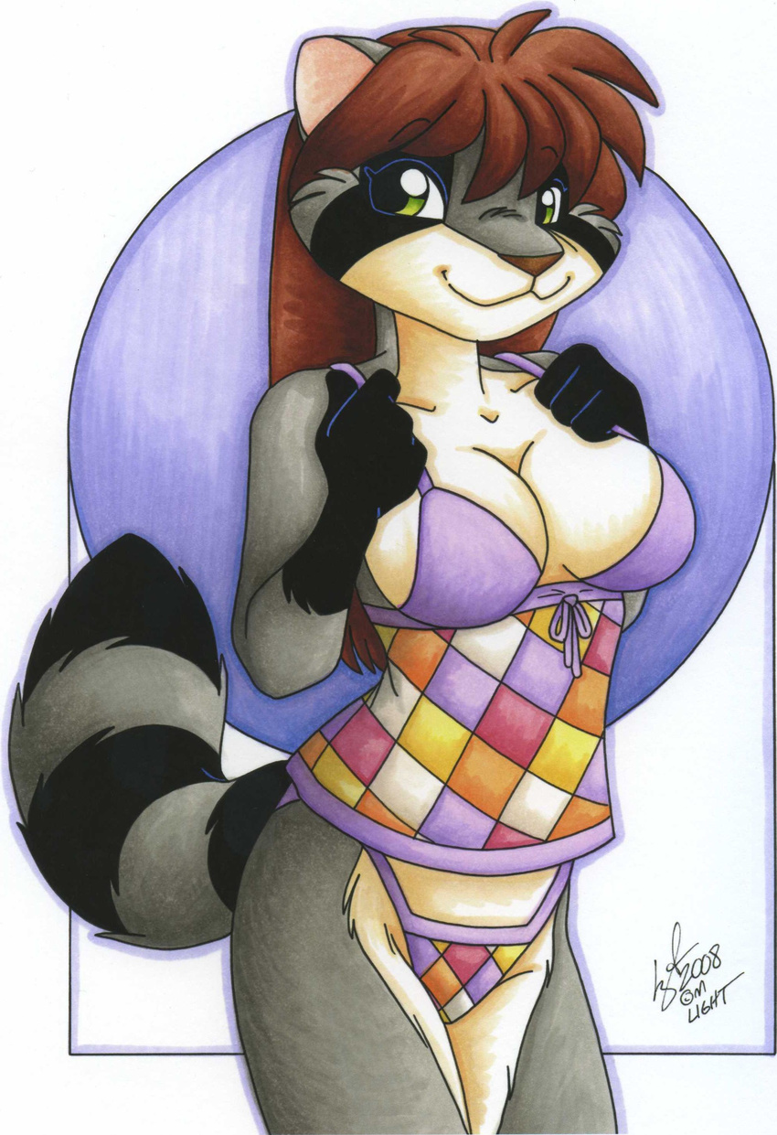 clothed clothing female green_eyes looking_at_viewer mammal michele_light raccoon skimpy solo