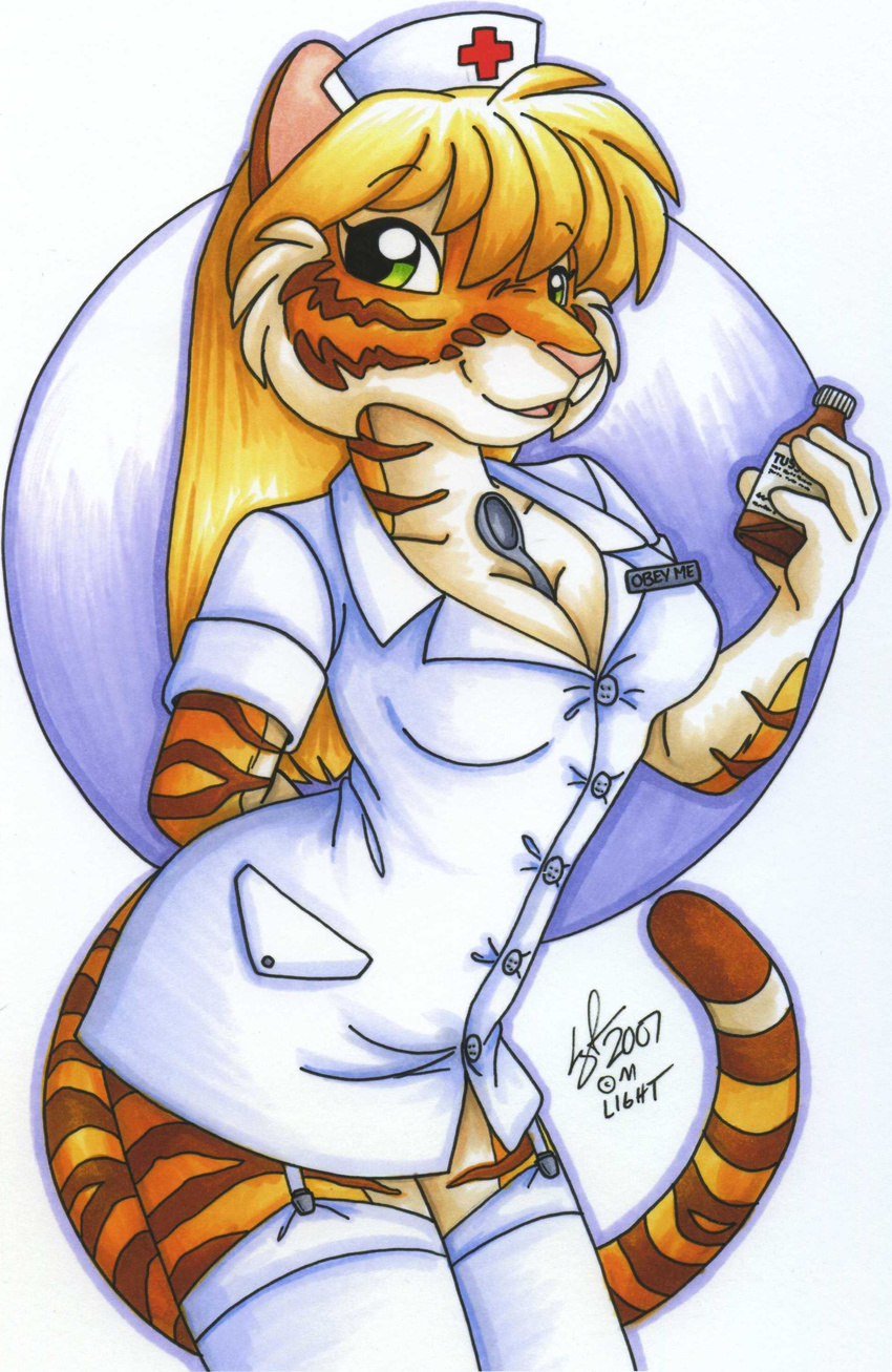 blonde_hair clothed clothing feline female green_eyes hair looking_at_viewer mammal michele_light nurse skimpy solo tiger