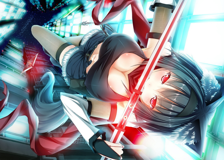 animal_ears artist_request black_hair breasts character_request cleavage fangs highres large_breasts navel re:n_ne red_eyes short_hair short_shorts shorts sword tail thighhighs unzipped weapon