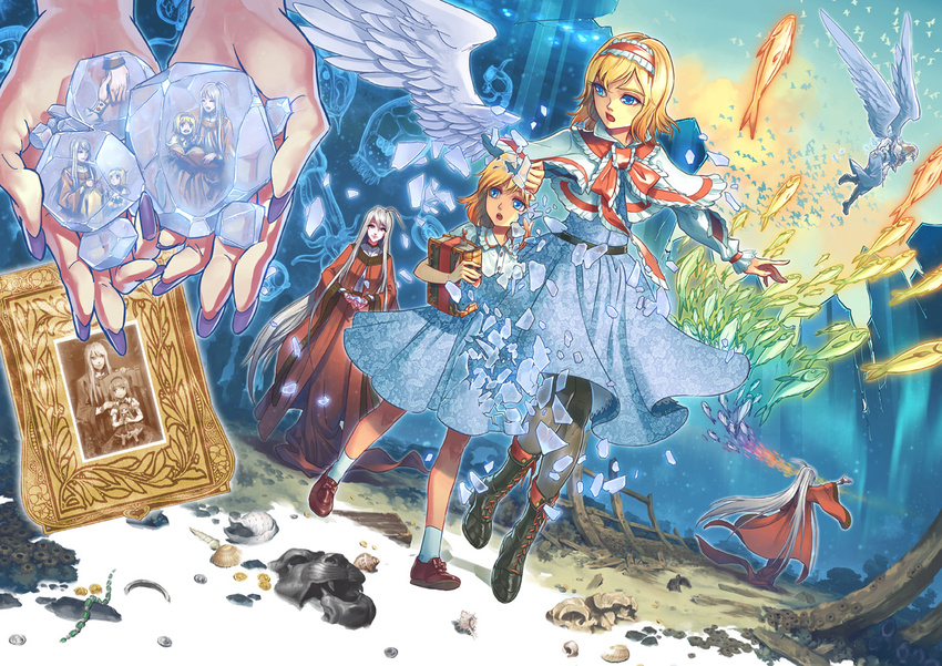 ahoge alice_margatroid alice_margatroid_(pc-98) angel_wings bird blonde_hair blue_eyes book capelet child clam coin cross-laced_footwear detached_wings fish frills gold hairband hands ice long_hair long_skirt long_sleeves mask momijigari multiple_girls open_mouth photo_(object) sash shells shinki short_hair short_sleeves silver_hair skirt smile touhou touhou_(pc-98) very_long_hair wide_sleeves wings