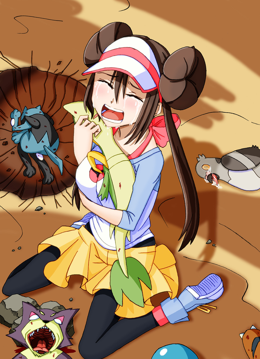blood brown_hair cat closed_eyes commentary_request crying double_bun gen_1_pokemon gen_4_pokemon gen_5_pokemon growlithe hasebe_akira highres long_hair mei_(pokemon) open_mouth pantyhose pidove pokemon pokemon_(creature) pokemon_(game) pokemon_bw2 purrloin riolu skirt snivy tears twintails yamcha_pose