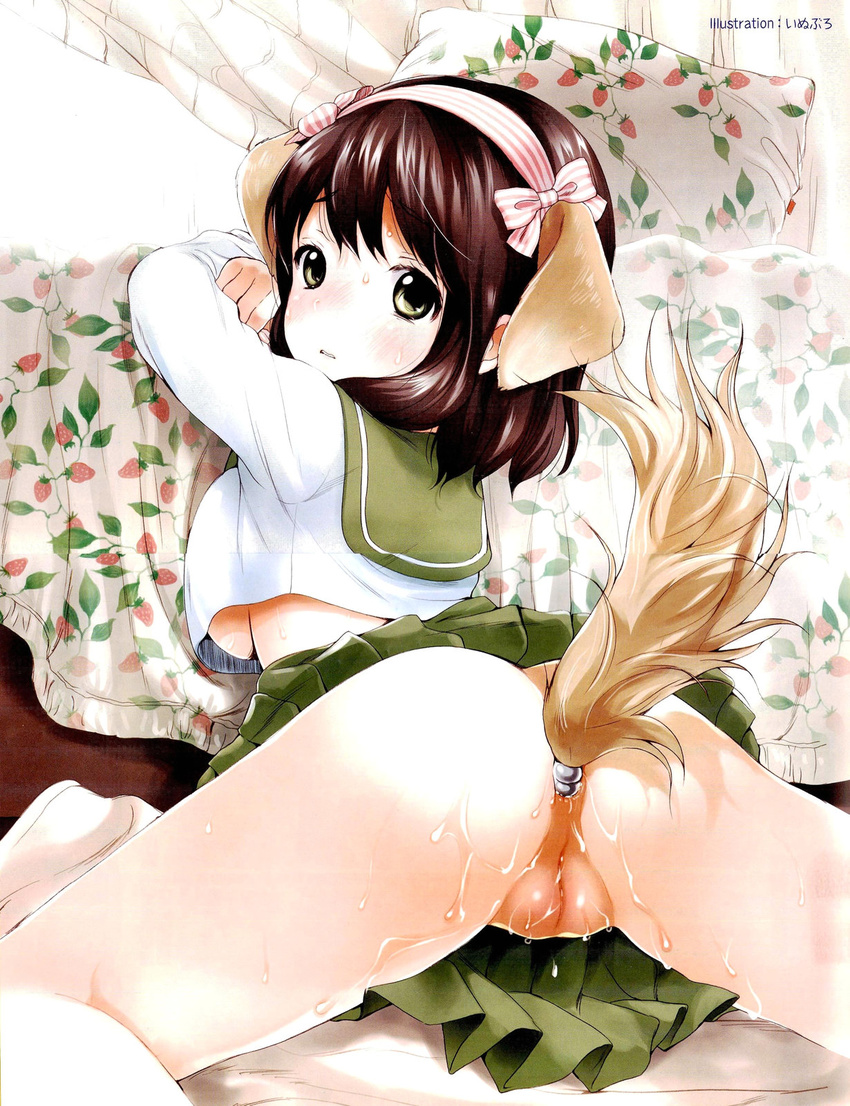 anal anal_insertion anal_object_insertion animal_ears anus artist_request back bangs bottomless breasts brown_hair butt_plug buttplug buttplug_tail copyright_request dog_ears female highres inuburo large_breasts looking_at_viewer looking_back no_panties object_insertion presenting pussy pussy_juice school_uniform skirt skirt_lift solo spread_legs tail uncensored underboob yellow_eyes