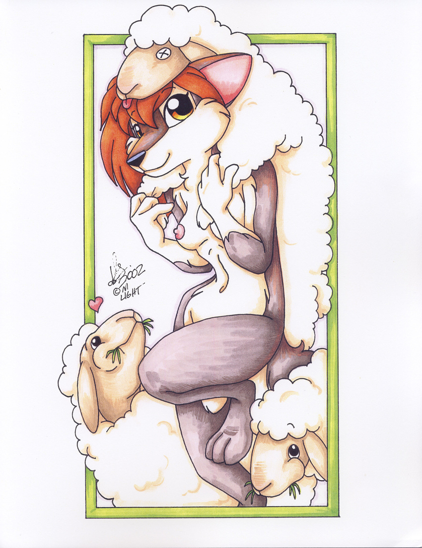 absurd_res anthro breasts canine caprine disguise female fox hi_res looking_at_viewer mammal michele_light nipples nude pinup pose sheep shep solo wolf