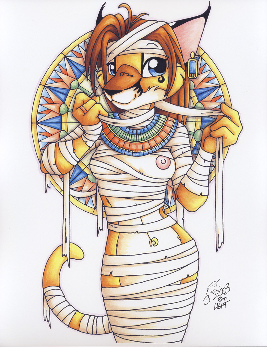 absurd_res anthro breasts clothed clothing ear_piercing egyptian feline female hi_res looking_at_viewer mammal michele_light mummy nipples piercing pinup pose skimpy solo traditional_media undead