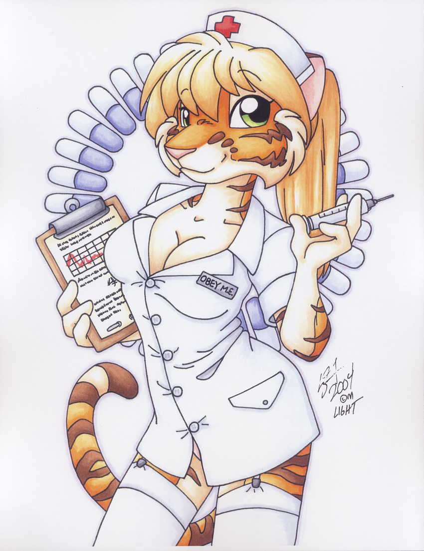 blonde_hair clipboard clothed clothing feline female green_eyes hair hat hi_res mammal michele_light nurse skimpy solo syringe tiger uniform