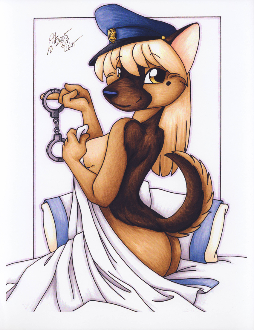 absurd_res anthro beauty_mark bed breasts butt canine dog female german_shepherd handcuffs hat hi_res inviting looking_at_viewer mammal michele_light nude pinup police pose roleplay shackles side_boob solo traditional_media