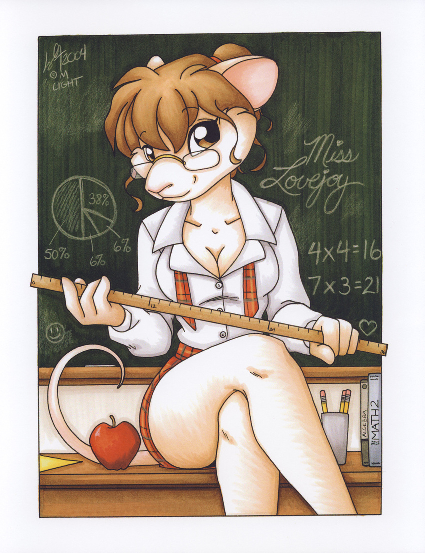 absurd_res apple breasts chalkboard cleavage clothed clothing eyewear female fruit glasses hair hi_res looking_at_viewer mammal michele_light mouse rodent ruler skimpy skirt solo teacher