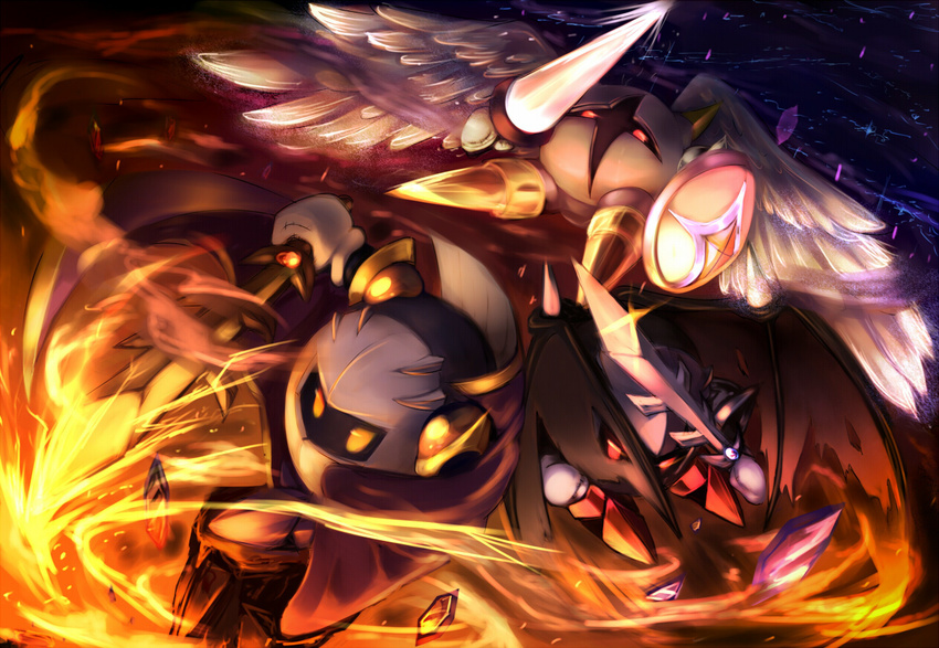 action angel_wings armor bad_id bad_pixiv_id bat_wings buckler cape caramel_(artist) clenched_hand crystal dark_meta_knight feathers fighting_stance fire flying galacta_knight galaxia_(sword) gauntlets horns kirby_(series) lance lightning making_of male_focus mask meta_knight multiple_boys night night_sky no_humans pauldrons polearm red_eyes rock shield shoulder_armor sky smoke spaulders standing star_(sky) sword torn_wings weapon wings yellow_eyes