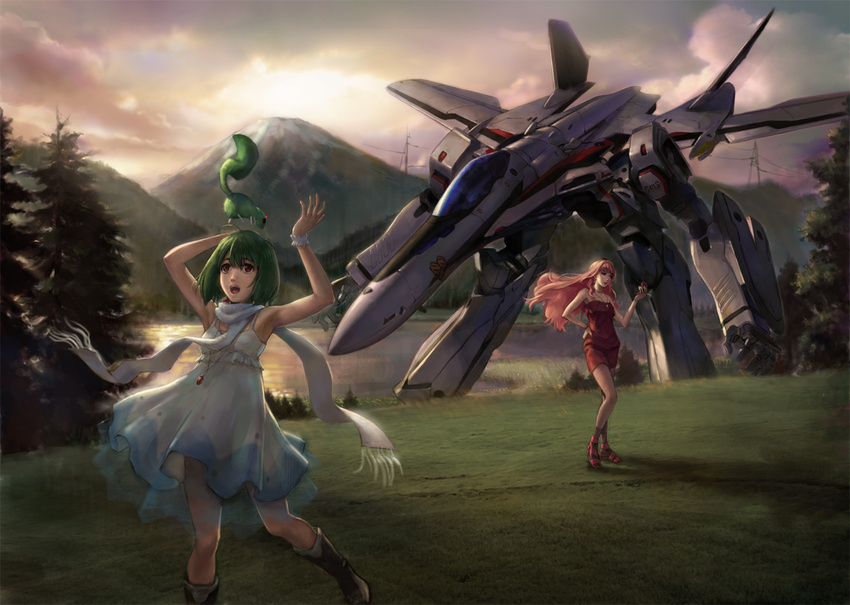 ai-kun alien armpits arms_up bare_shoulders blue_eyes bob_cut boots dress gerwalk green_hair hand_on_hip high_heels jewelry long_hair macross macross_frontier mecha mountain multiple_girls open_mouth pendant pet pink_hair power_lines ranka_lee realistic red_eyes scarf sheryl_nome shoes short_hair tree vajra variable_fighter vf-25 water wrist_cuffs zmoe