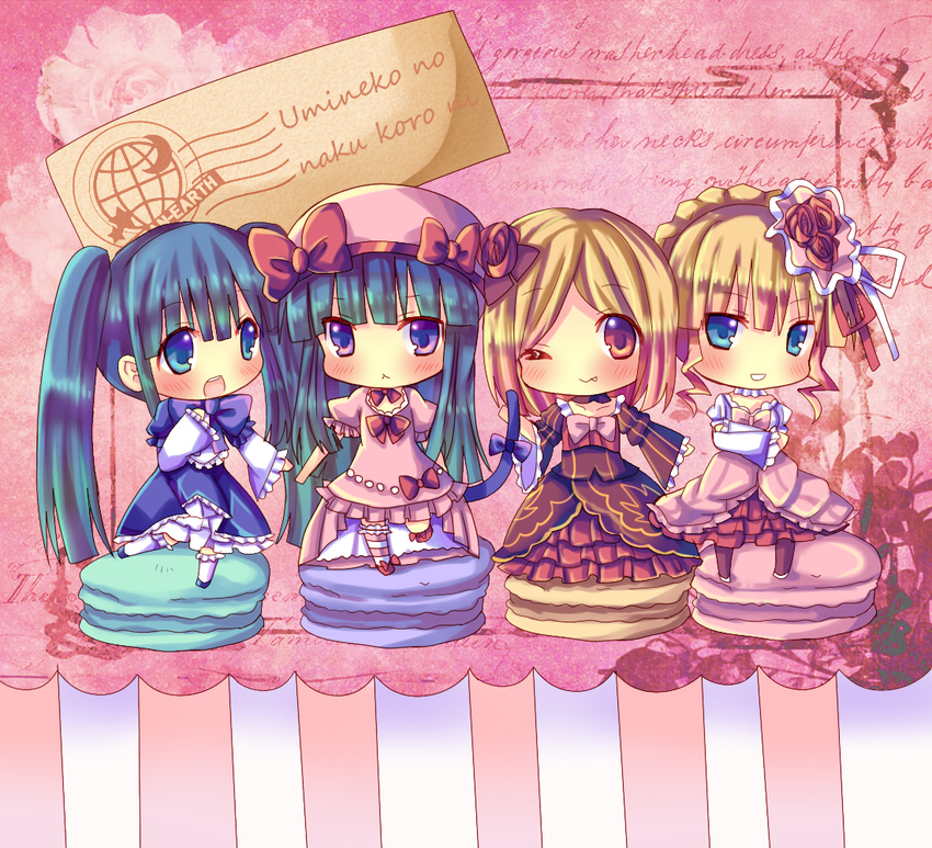 :&lt; beatrice blonde_hair blue_eyes blue_hair blush bow cat_tail chibi chocolat_(momoiro_piano) choker cosplay costume_switch crossed_arms dress fang flower formal frederica_bernkastel frills furudo_erika hair_flower hair_ornament hat lambdadelta long_hair multiple_girls one_eye_closed open_mouth pink_bow pink_hat purple_eyes red_flower red_rose ribbon rose short_hair smile standing standing_on_one_leg tail thighhighs twintails umineko_no_naku_koro_ni