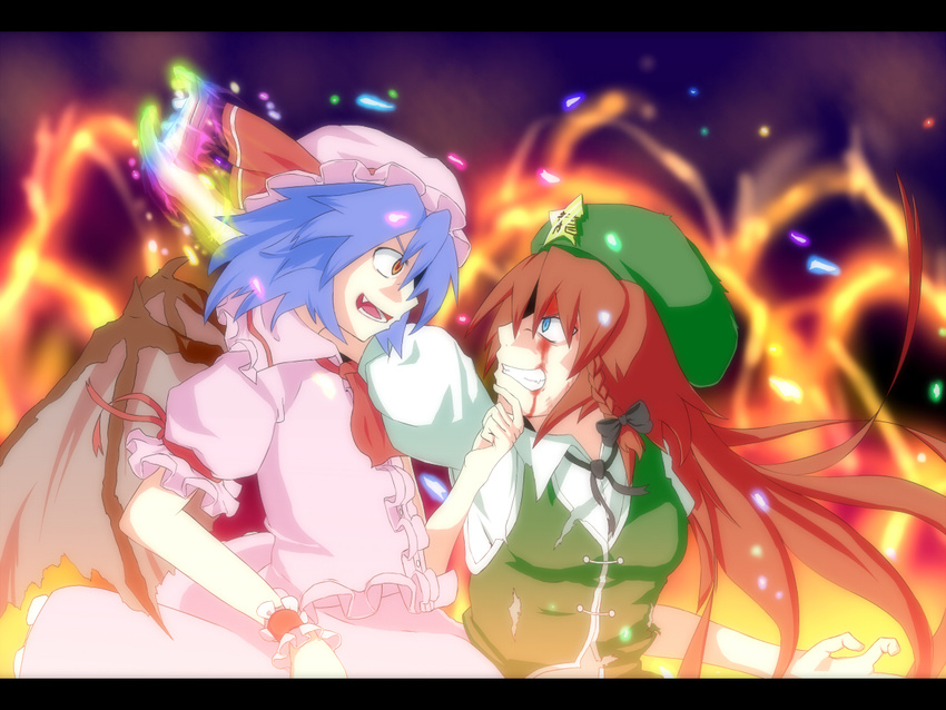 bat_wings battle blood blood_on_face blue_eyes blue_hair braid burning_hand chin_grab china_dress chinese_clothes clenched_teeth dress duel fang fire grin hat hong_meiling long_hair multiple_girls mumyuu red_eyes red_hair remilia_scarlet short_hair smile teeth touhou twin_braids wings