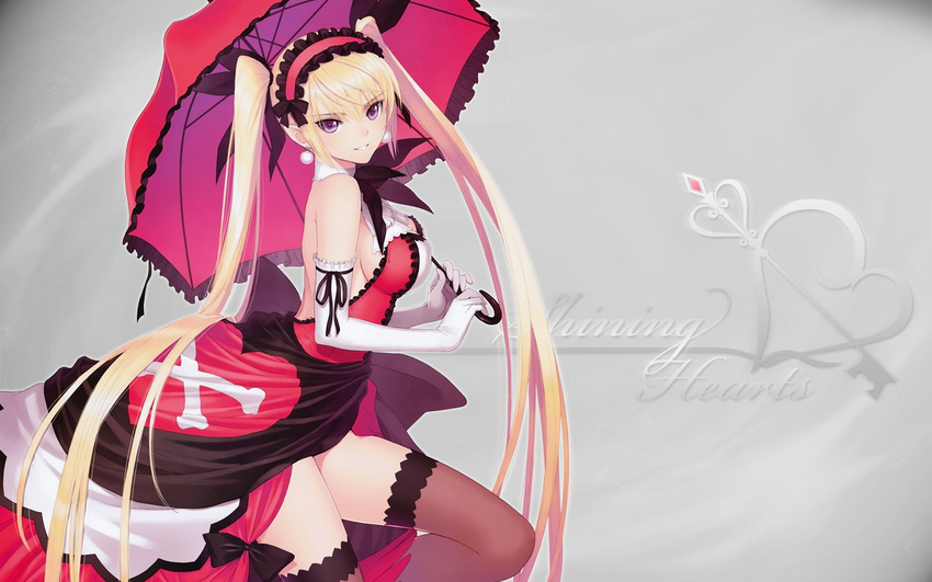 black_legwear blonde_hair breasts cleavage dress elbow_gloves gloves hairband heart highres key legs medium_breasts mistral_nereis pointy_ears shining_(series) shining_hearts solo tanaka_takayuki thighhighs third-party_edit twintails umbrella wallpaper